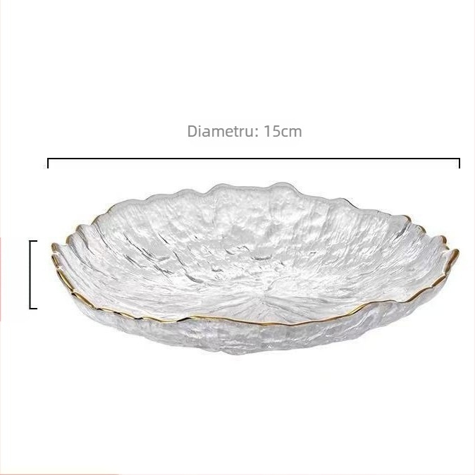 Farfurie rotundă din sticlă pentru fructe uscate și gustări, veselă de sufragerie cu design minimalist modern, transparent, suprafață desenată manual, logo personalizabil