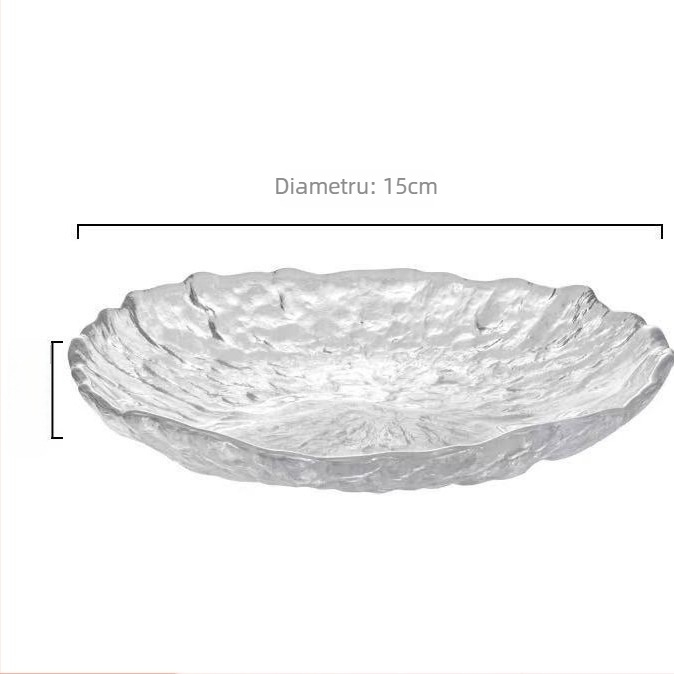 Farfurie rotundă din sticlă pentru fructe uscate și gustări, veselă de sufragerie cu design minimalist modern, transparent, suprafață desenată manual, logo personalizabil