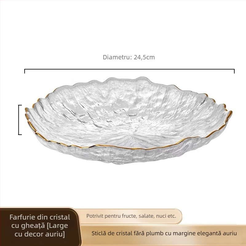 Farfurie rotundă din sticlă pentru fructe uscate și gustări, veselă de sufragerie cu design minimalist modern, transparent, suprafață desenată manual, logo personalizabil