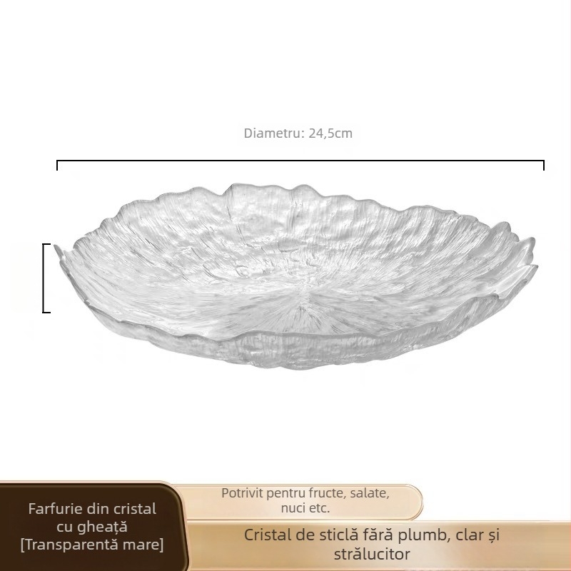 Farfurie rotundă din sticlă pentru fructe uscate și gustări, veselă de sufragerie cu design minimalist modern, transparent, suprafață desenată manual, logo personalizabil