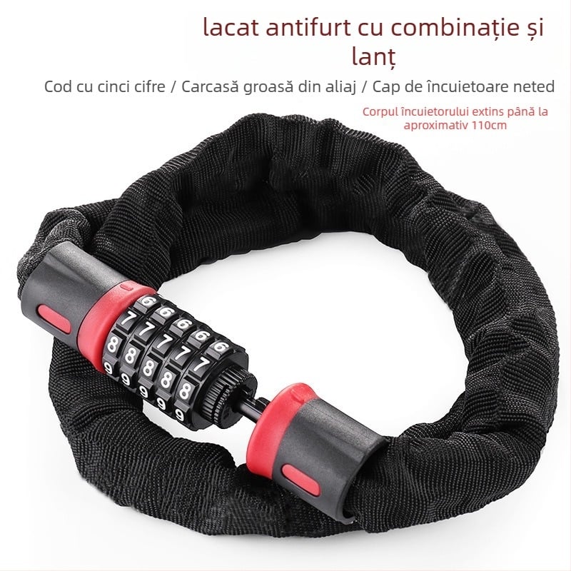Lacăt cu lanț cod pentru biciclete, e-bike și motociclete – aliaj, încuietoare cu parolă, stil modern minimalist