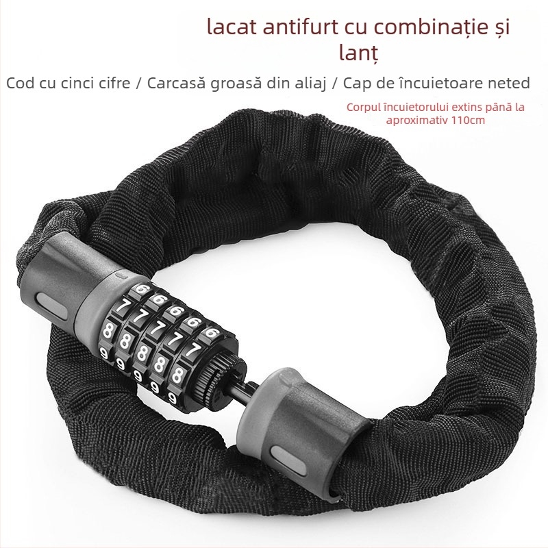 Lacăt cu lanț cod pentru biciclete, e-bike și motociclete – aliaj, încuietoare cu parolă, stil modern minimalist