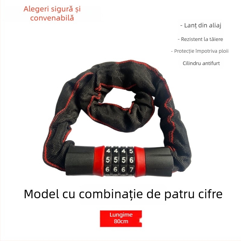 Lacăt cu lanț cod pentru biciclete, e-bike și motociclete – aliaj, încuietoare cu parolă, stil modern minimalist