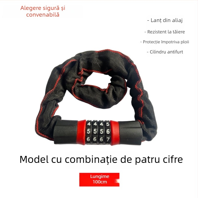 Lacăt cu lanț cod pentru biciclete, e-bike și motociclete – aliaj, încuietoare cu parolă, stil modern minimalist