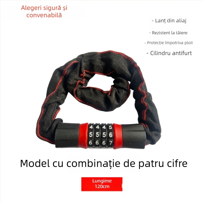 Lacăt cu lanț cod pentru biciclete, e-bike și motociclete – aliaj, încuietoare cu parolă, stil modern minimalist
