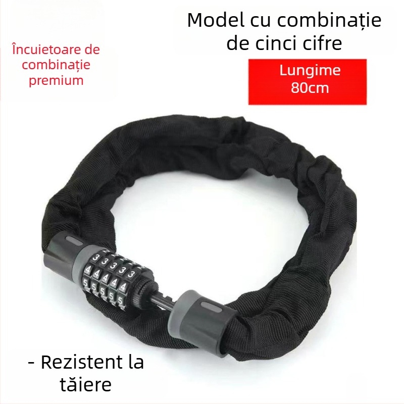 Lacăt cu lanț cod pentru biciclete, e-bike și motociclete – aliaj, încuietoare cu parolă, stil modern minimalist