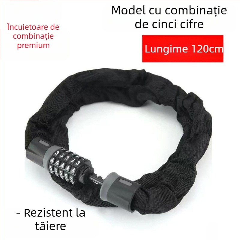 Lacăt cu lanț cod pentru biciclete, e-bike și motociclete – aliaj, încuietoare cu parolă, stil modern minimalist