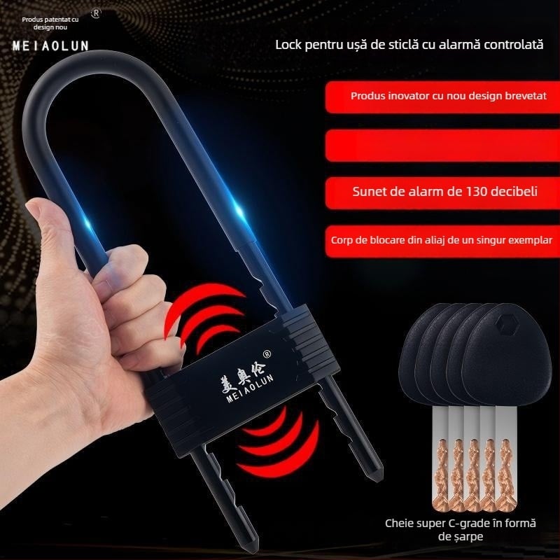Încuietoare mecanică în formă de U pentru ușa de magazin cu alarmă, model Bj08, grosime tijă 13 mm, distanță între tijă 90 mm, material: aliaj de zinc și oțel turnat.