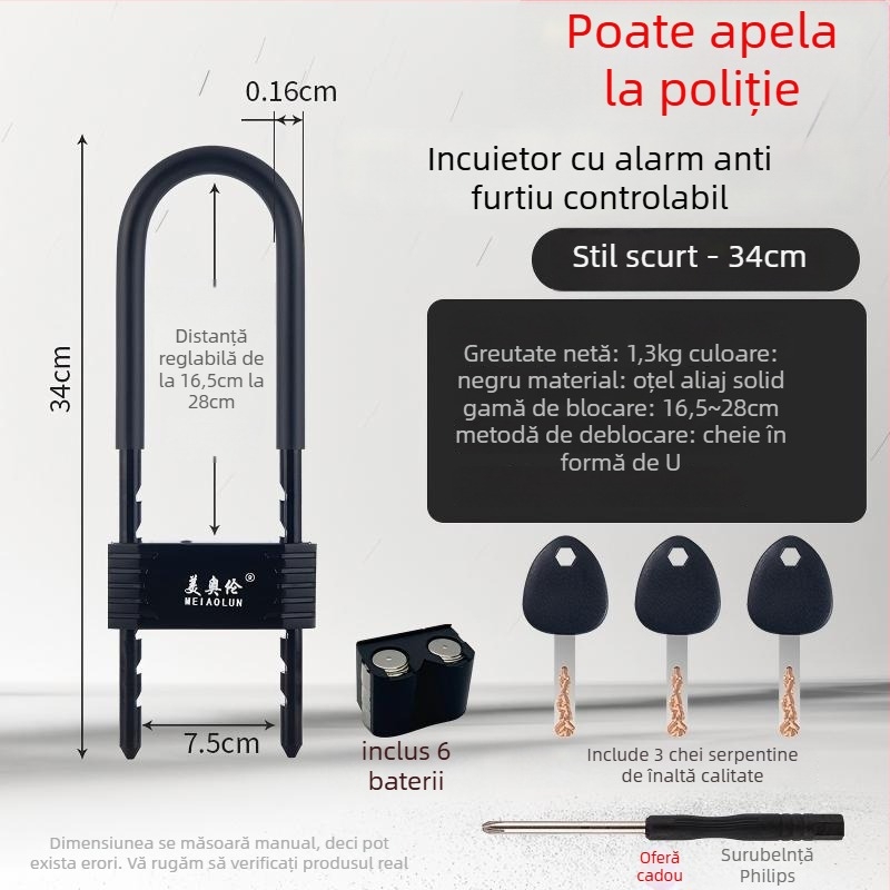 Încuietoare mecanică în formă de U pentru ușa de magazin cu alarmă, model Bj08, grosime tijă 13 mm, distanță între tijă 90 mm, material: aliaj de zinc și oțel turnat.