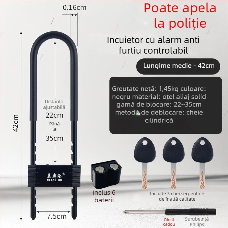 Încuietoare mecanică în formă de U pentru ușa de magazin cu alarmă, model Bj08, grosime tijă 13 mm, distanță între tijă 90 mm, material: aliaj de zinc și oțel turnat.