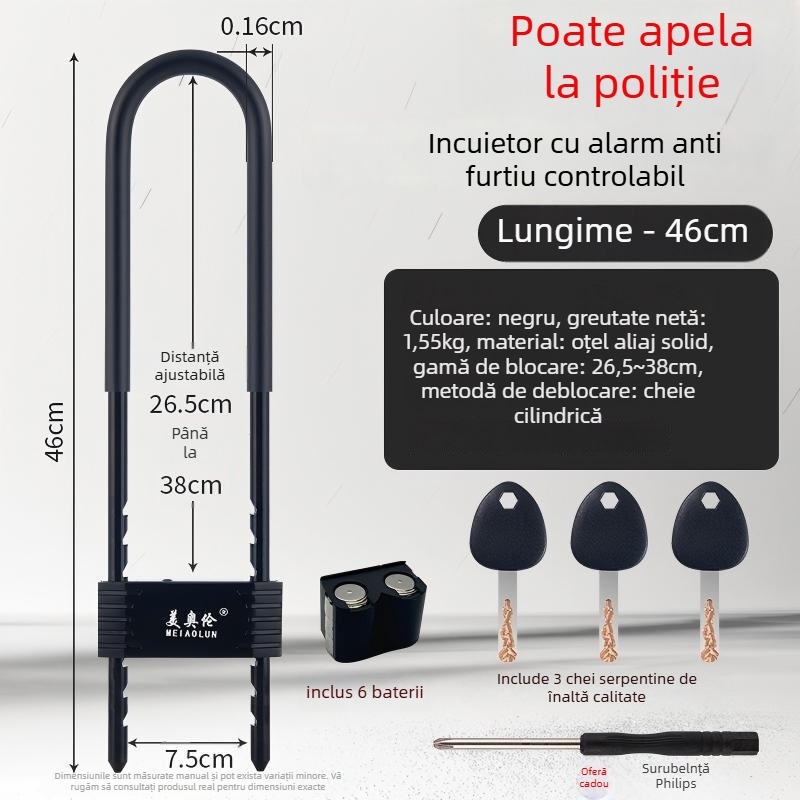 Încuietoare mecanică în formă de U pentru ușa de magazin cu alarmă, model Bj08, grosime tijă 13 mm, distanță între tijă 90 mm, material: aliaj de zinc și oțel turnat.