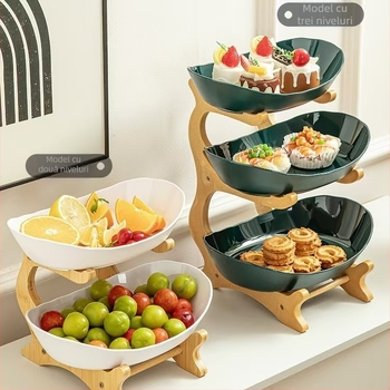 Tavă de fructe din plastic cu trei etaje, cadru din bambus și lemn, pentru gustări, sufragerie