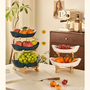 Tavă de fructe din plastic cu trei etaje, cadru din bambus și lemn, pentru gustări, sufragerie
