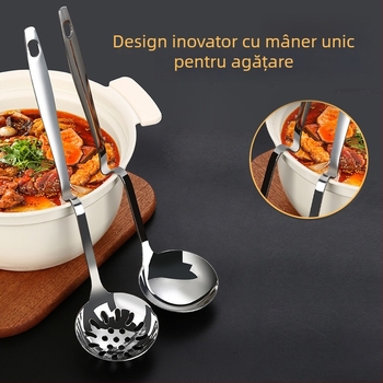 Lingură de supă din oțel inoxidabil cu sită – mâner prelungit cu margine de agățare, lingură pentru oală fierbinte cu vârf ascuțit, rezistentă la temperaturi înalte și anti-arsuri
