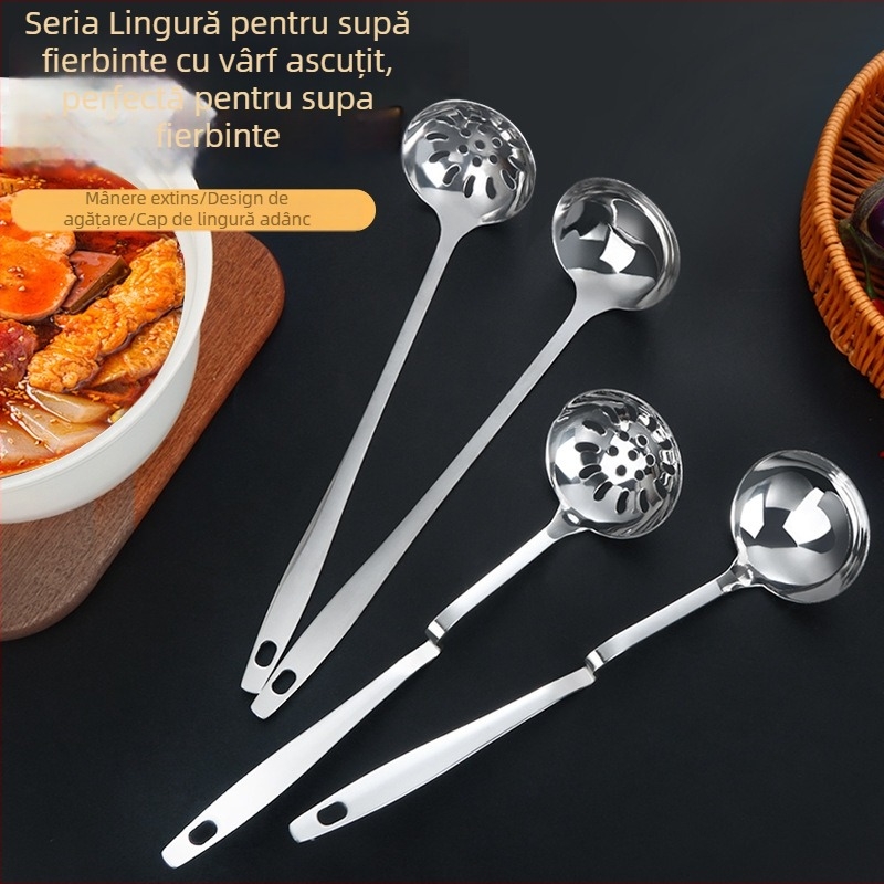 Lingură de supă din oțel inoxidabil cu sită – mâner prelungit cu margine de agățare, lingură pentru oală fierbinte cu vârf ascuțit, rezistentă la temperaturi înalte și anti-arsuri