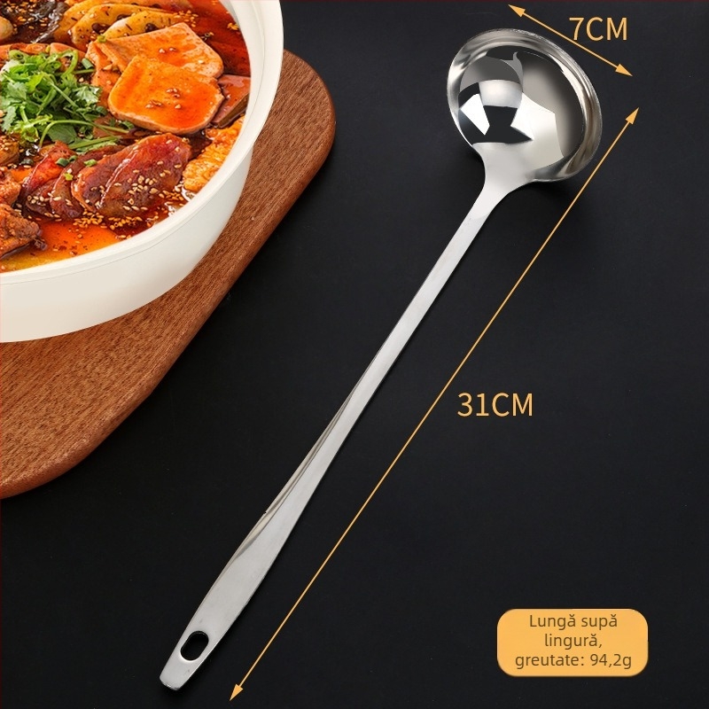 Lingură de supă din oțel inoxidabil cu sită – mâner prelungit cu margine de agățare, lingură pentru oală fierbinte cu vârf ascuțit, rezistentă la temperaturi înalte și anti-arsuri