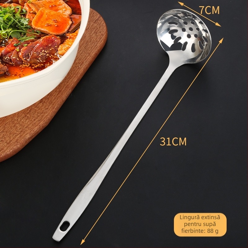 Lingură de supă din oțel inoxidabil cu sită – mâner prelungit cu margine de agățare, lingură pentru oală fierbinte cu vârf ascuțit, rezistentă la temperaturi înalte și anti-arsuri