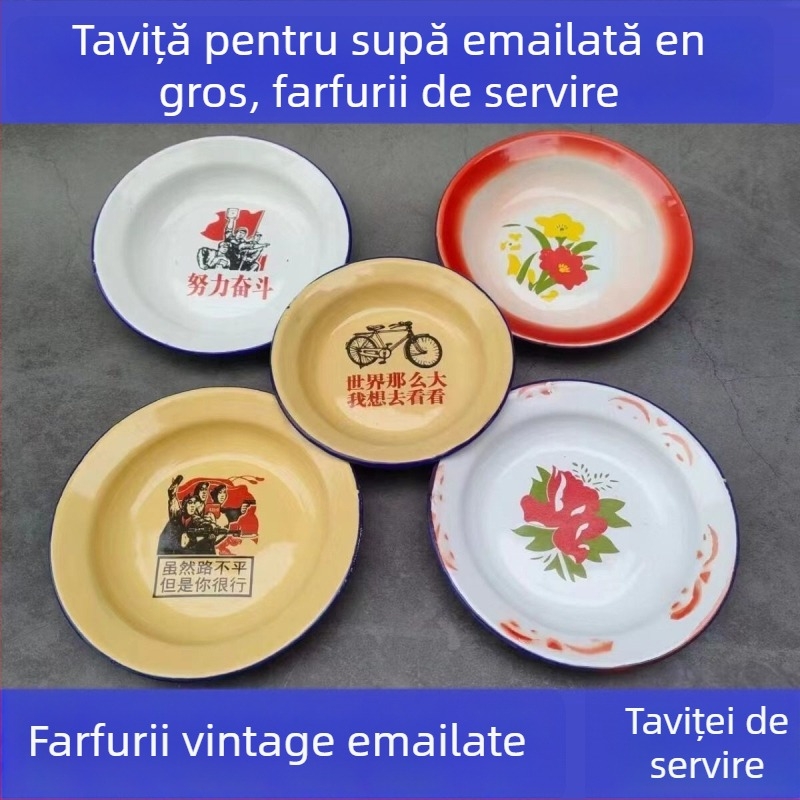 Farfurie rotundă emailată, cu model floral, stil National Tide Wind, necompatibilă cu microunde