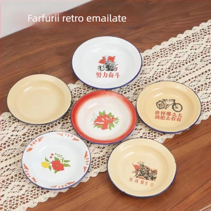 Farfurie rotundă emailată, cu model floral, stil National Tide Wind, necompatibilă cu microunde