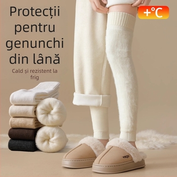 Șosete de femei peste genunchi din lână, căptușite cu fleece, groase pentru iarnă, stil minimalist, model solid, tricot cu un ac