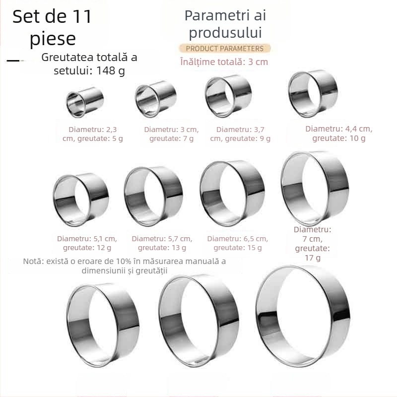 Set forme pentru copt din oțel inoxidabil, rotunde, 11-12 piese, pentru mousse, prăjituri și deserturi