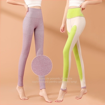 Pantaloni termici pentru femei, talie înaltă, cu protecții pentru genunchi și talie, căptușiți, dublu strat, fără cusături, țesătură tricotată, poliester 90–95%