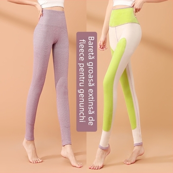 Pantaloni termici pentru femei, talie înaltă, cu protecții pentru genunchi și talie, căptușiți, dublu strat, fără cusături, țesătură tricotată, poliester 90–95%