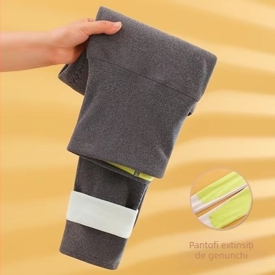 Pantaloni termici pentru femei, talie înaltă, cu protecții pentru genunchi și talie, căptușiți, dublu strat, fără cusături, țesătură tricotată, poliester 90–95%