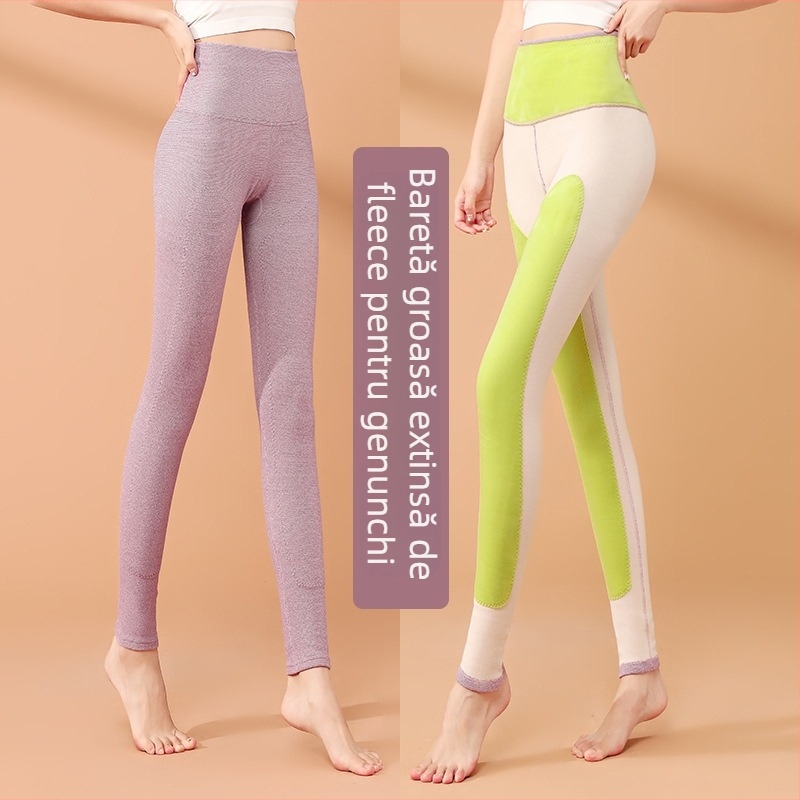 Pantaloni termici pentru femei, talie înaltă, cu protecții pentru genunchi și talie, căptușiți, dublu strat, fără cusături, țesătură tricotată, poliester 90–95%