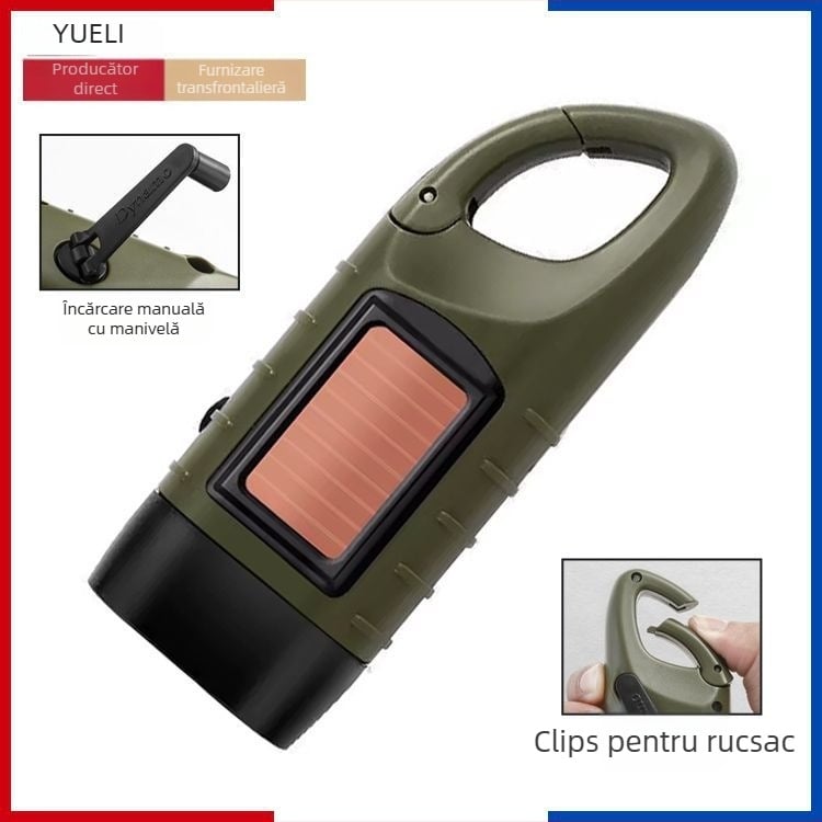 Fenar de mână cu alimentare solară și manuală, LED 500 lm, baterie 1000 mAh, încărcare 3 ore, fascicul 180°