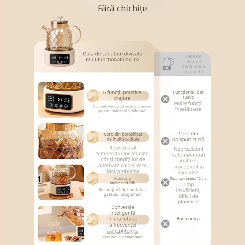 Fierbător de ceai pentru sănătate multifuncțional, 1 L, 220 V, 300–350 W, rezervor interior ceramic, termostat de expansiune a lichidului