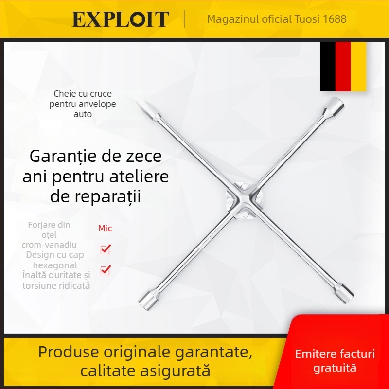 Cheie în cruce pentru demontarea și montarea anvelopelor, material CR-V, cromată, marcă Exploit/Explore