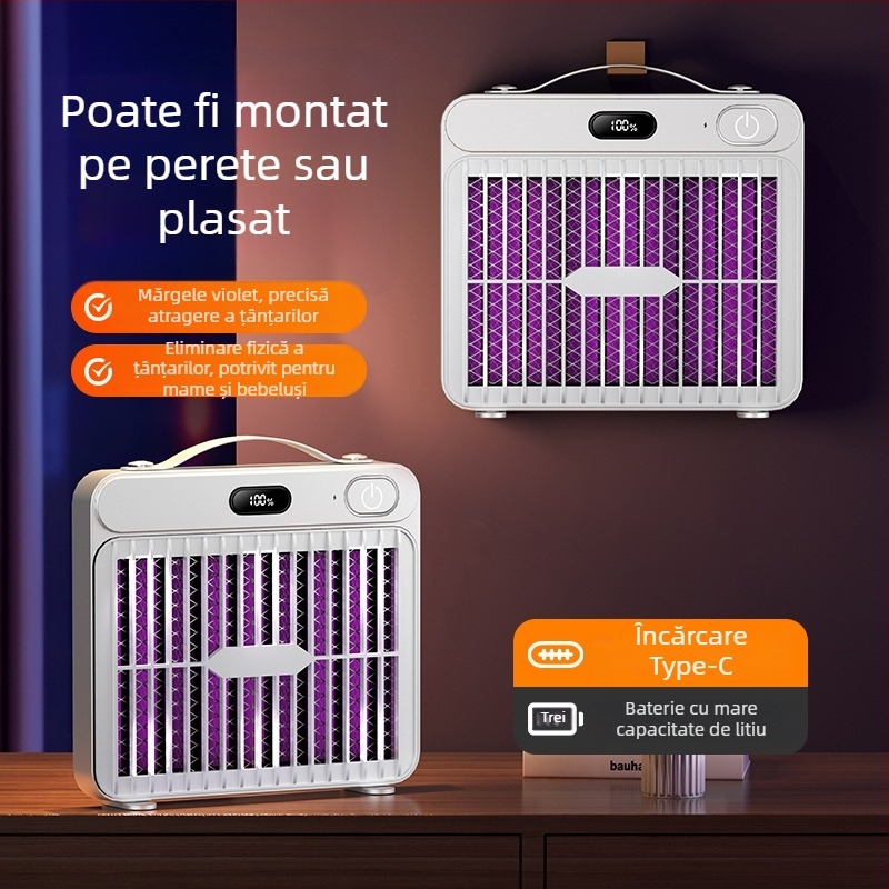 Lampă de omorâre a țânțarilor cu șoc electric, cu lumină UV, reîncărcabilă USB, potrivită pentru spații de până la 10 m²