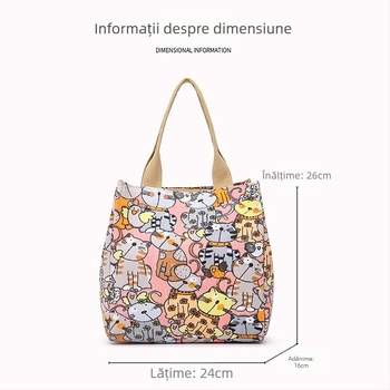 Geantă de damă din pânză, cu capacitate mare, imprimeu cu desene animate, formă orizontală pătrată, fermoar, buzunar pentru telefon