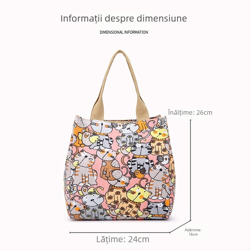 Geantă de damă din pânză, cu capacitate mare, imprimeu cu desene animate, formă orizontală pătrată, fermoar, buzunar pentru telefon
