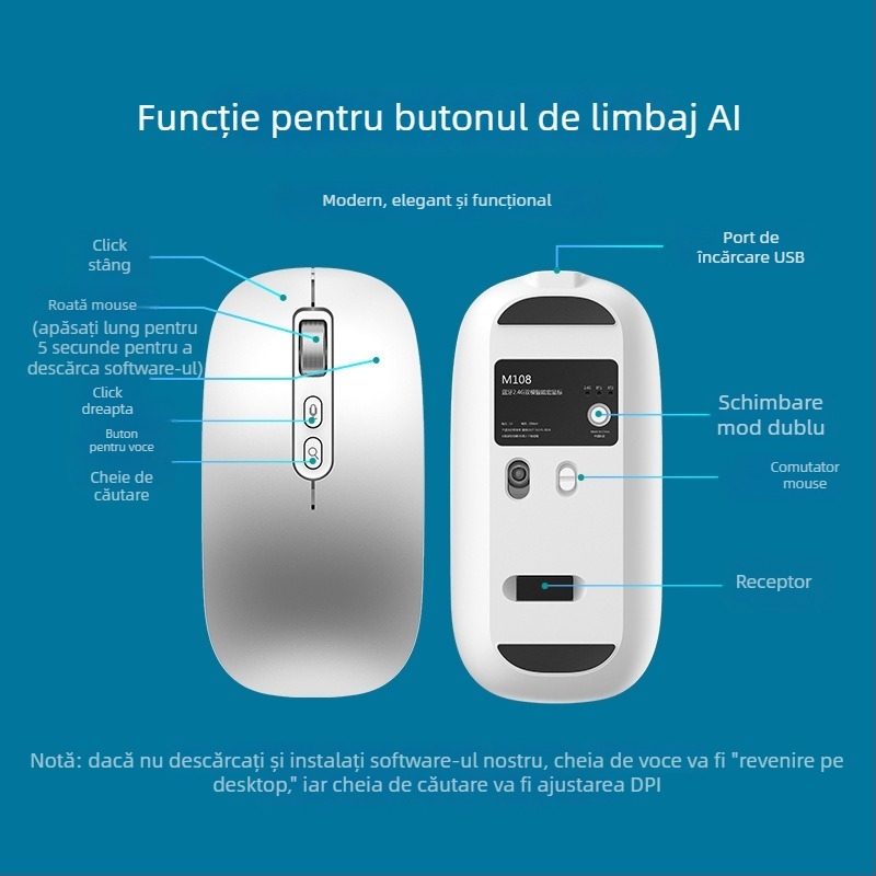 Mouse fără fir cu Bluetooth și modul dual 2.4G, DPI 4000, 5 butoane, încărcabil, design ergonomic