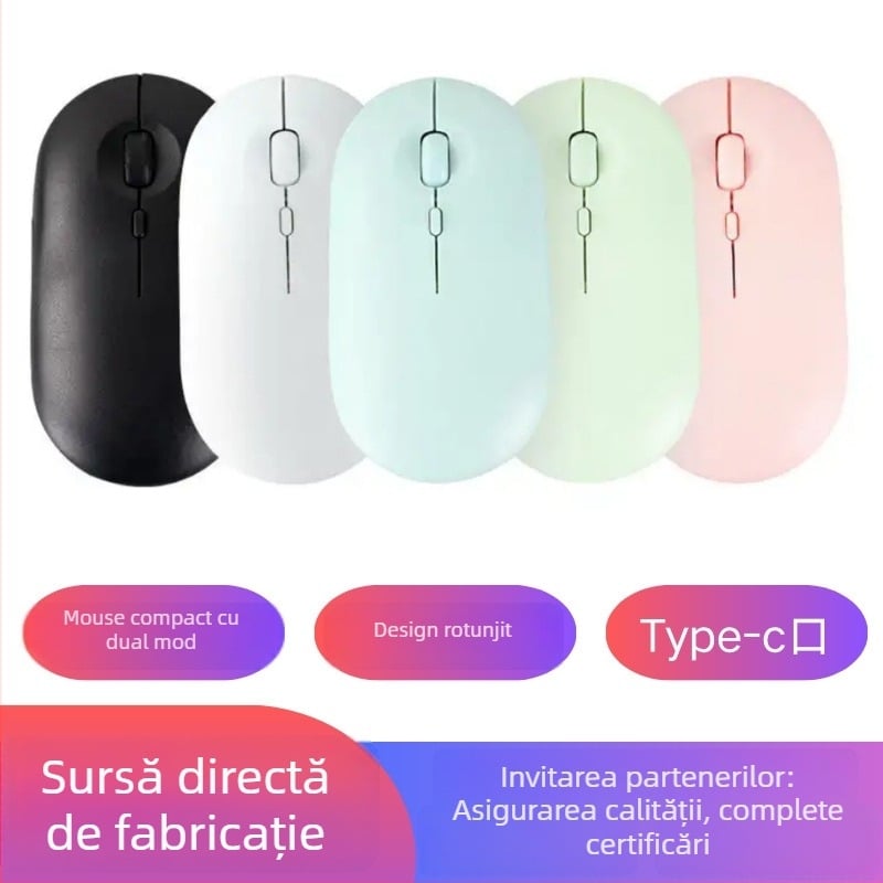 Mouse Bluetooth fără fir cu încărcare USB-C, Bluetooth 5.2 și mod dual 2.4G/Bluetooth, senzor optic 1600 DPI, 4 butoane