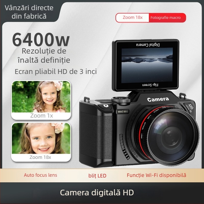 Cameră mirrorless pentru vlog cu filtru de înfrumusețare (senzor CMOS de 64 MP; zoom optic 18x; ecran LCD de 3.0''; video 1080p; interfață USB-C)
