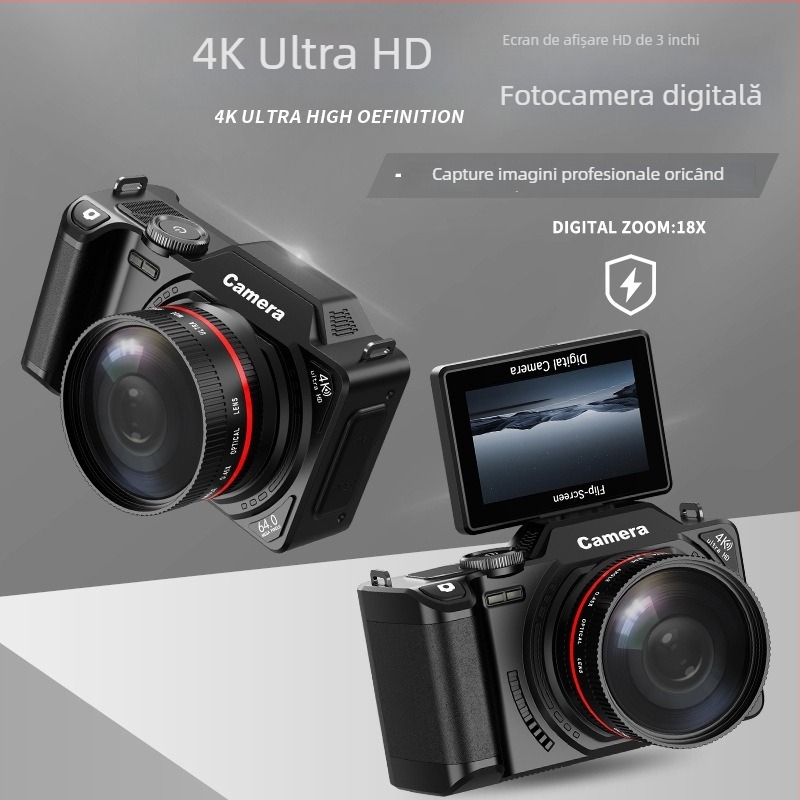 Cameră mirrorless pentru vlog cu filtru de înfrumusețare (senzor CMOS de 64 MP; zoom optic 18x; ecran LCD de 3.0''; video 1080p; interfață USB-C)