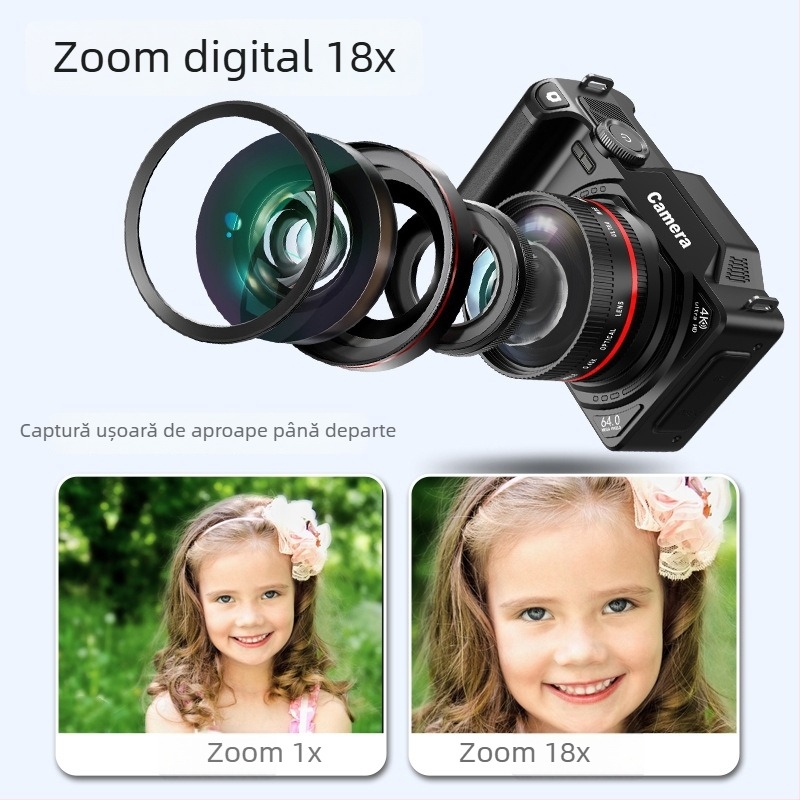 Cameră mirrorless pentru vlog cu filtru de înfrumusețare (senzor CMOS de 64 MP; zoom optic 18x; ecran LCD de 3.0''; video 1080p; interfață USB-C)