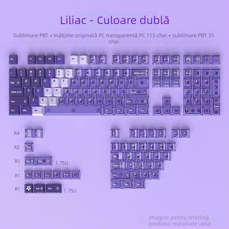 Set de capace transparente pentru taste PC+PBT, pentru tastaturi mecanice, 154 taste, personalizare prin sublimare