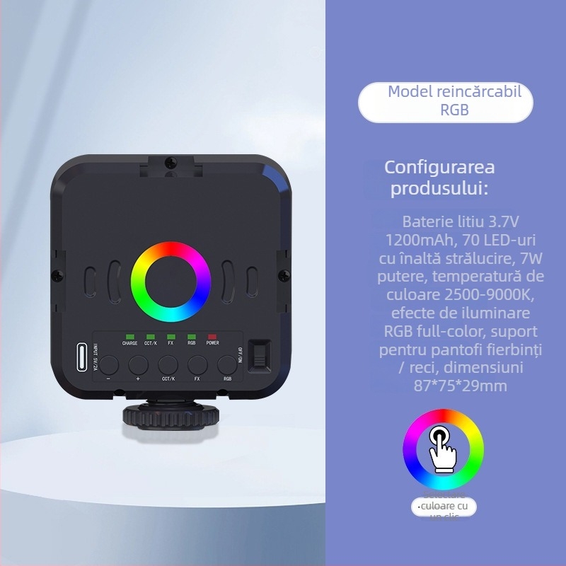 Lumină LED de umplere W70 – Portabilă pentru fotografie și video pe telefon, Reglaj multiplu, Putere sub 10W