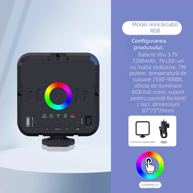 Lumină LED de umplere W70 – Portabilă pentru fotografie și video pe telefon, Reglaj multiplu, Putere sub 10W