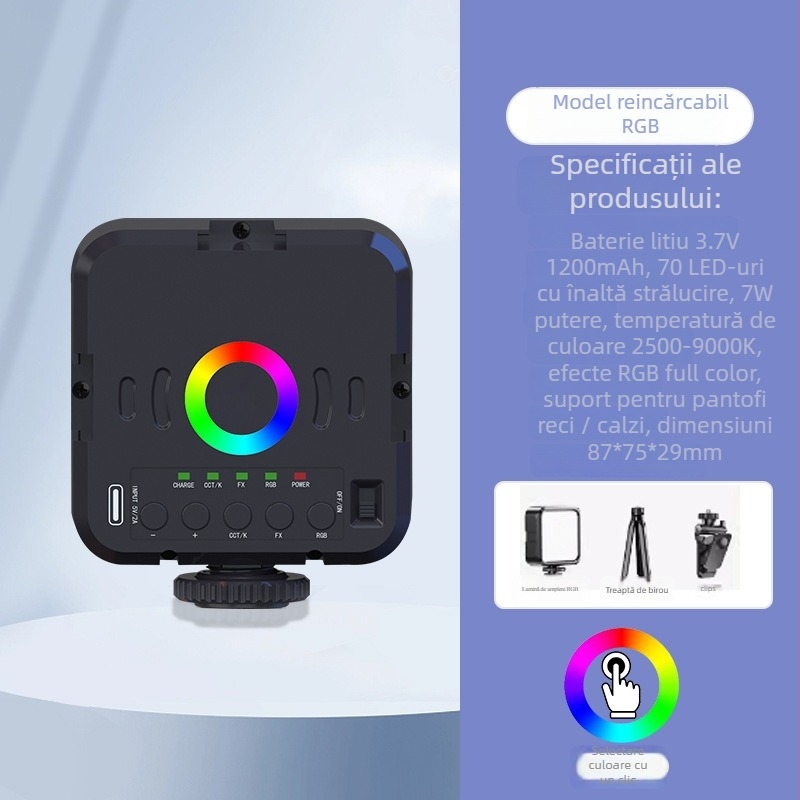 Lumină LED de umplere W70 – Portabilă pentru fotografie și video pe telefon, Reglaj multiplu, Putere sub 10W