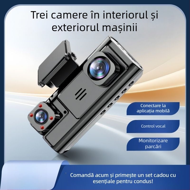 Camera de bord auto cu trei ecrane și panoramă 360°, rezoluție 4K, fotografii 5 MP, ecran de 2,5 inch