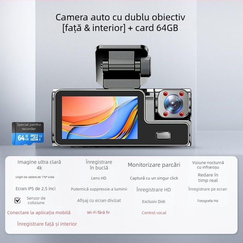 Camera de bord auto cu trei ecrane și panoramă 360°, rezoluție 4K, fotografii 5 MP, ecran de 2,5 inch