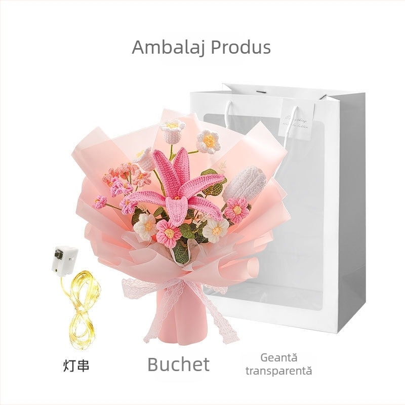 Buchet tricotat manual din lână cu flori de mătase (crin) - material: mătase; varietate: crin; meșteșug: altul