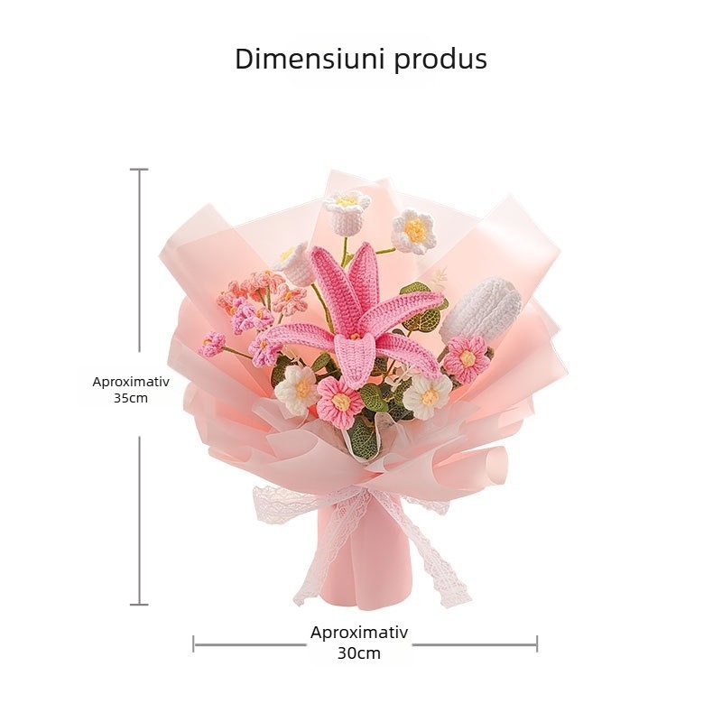 Buchet tricotat manual din lână cu flori de mătase (crin) - material: mătase; varietate: crin; meșteșug: altul