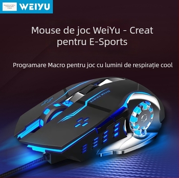 Mouse de joc cu fir WYG9, 6 butoane, senzor optoelectronic DPI 1200–3200, programare macro și personalizare, cablu 1,4 m, greutate 130 g