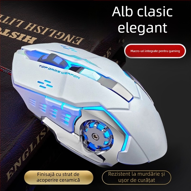 Mouse de joc cu fir WYG9, 6 butoane, senzor optoelectronic DPI 1200–3200, programare macro și personalizare, cablu 1,4 m, greutate 130 g